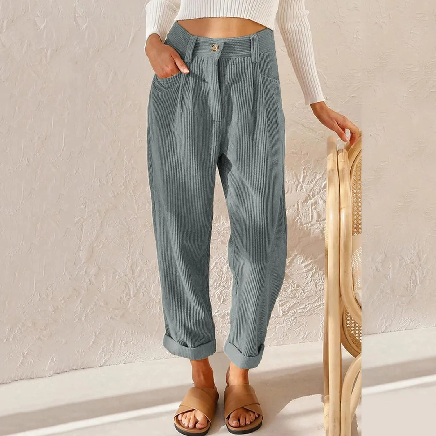 YOLAI Womens Corduroy Straight Leg Pants Elegant Casual High Waist Trousers Business Work Trousers with Pockets
