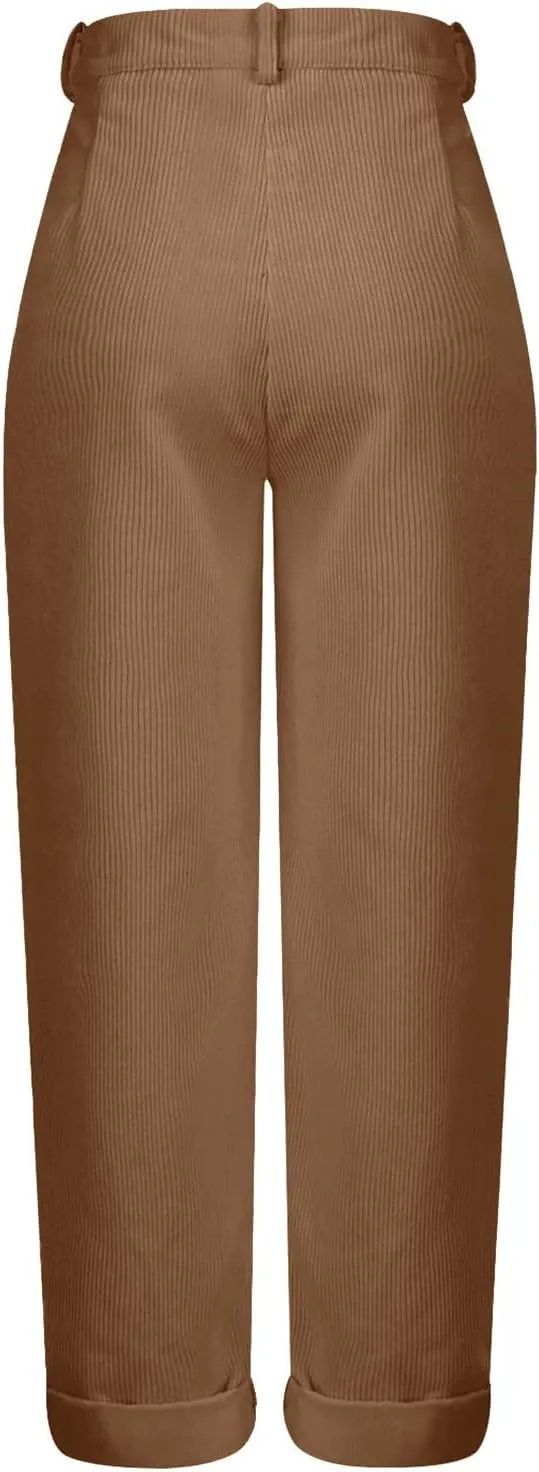 YOLAI Womens Corduroy Straight Leg Pants Elegant Casual High Waist Trousers Business Work Trousers with Pockets