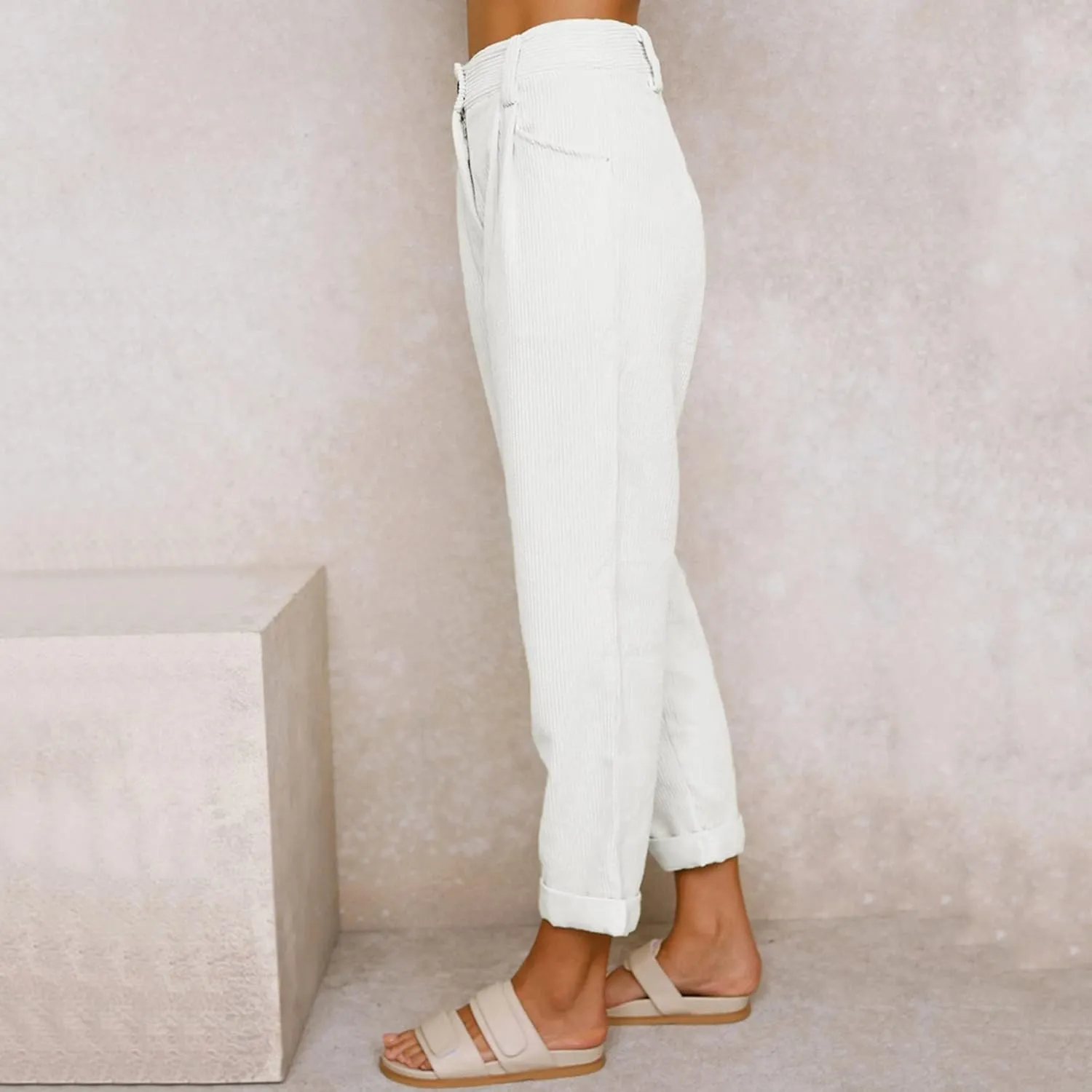 YOLAI Womens Corduroy Straight Leg Pants Elegant Casual High Waist Trousers Business Work Trousers with Pockets