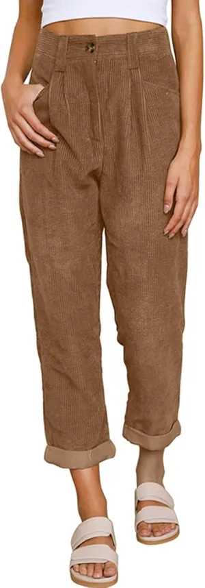 YOLAI Womens Corduroy Straight Leg Pants Elegant Casual High Waist Trousers Business Work Trousers with Pockets
