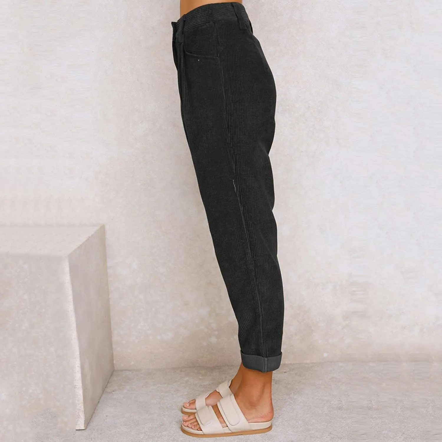 YOLAI Womens Corduroy Straight Leg Pants Elegant Casual High Waist Trousers Business Work Trousers with Pockets
