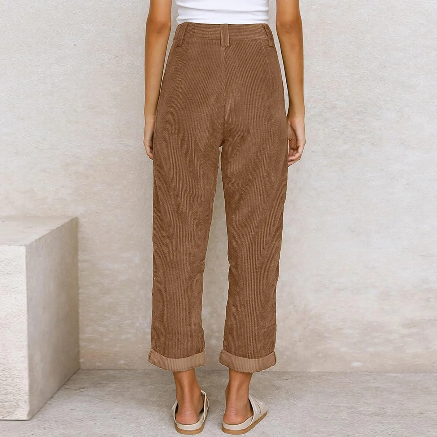 YOLAI Womens Corduroy Straight Leg Pants Elegant Casual High Waist Trousers Business Work Trousers with Pockets