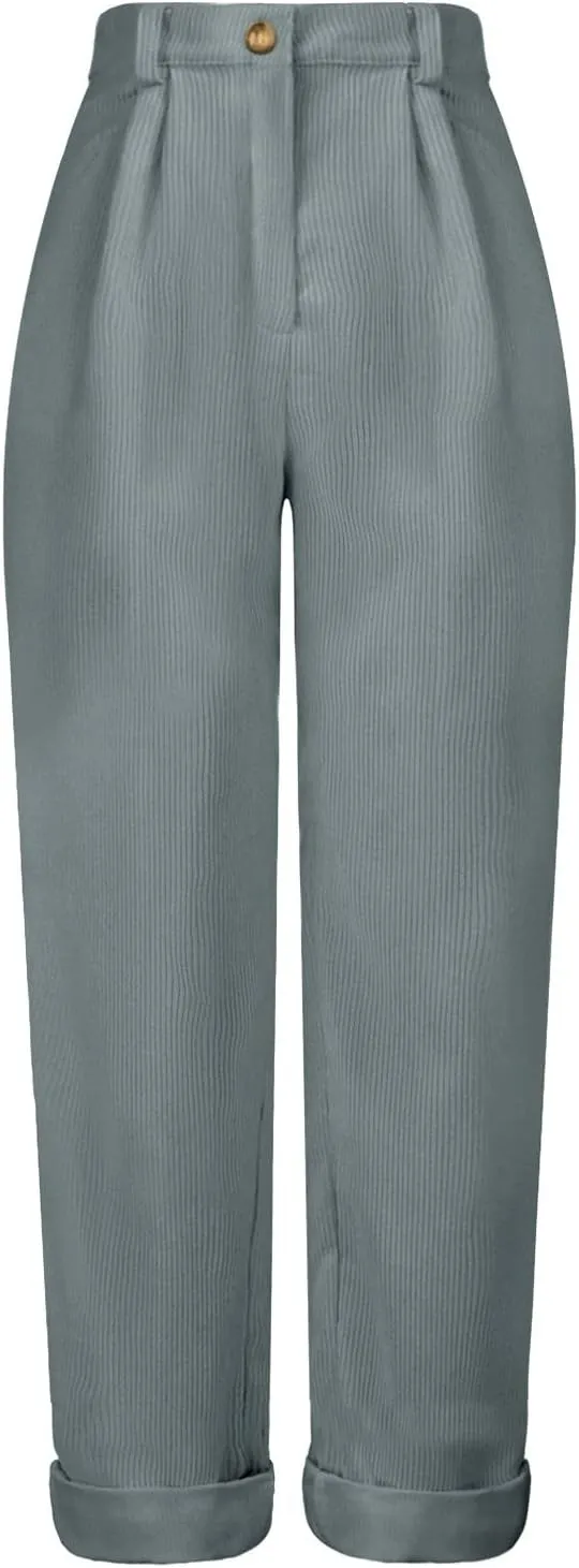 YOLAI Womens Corduroy Straight Leg Pants Elegant Casual High Waist Trousers Business Work Trousers with Pockets