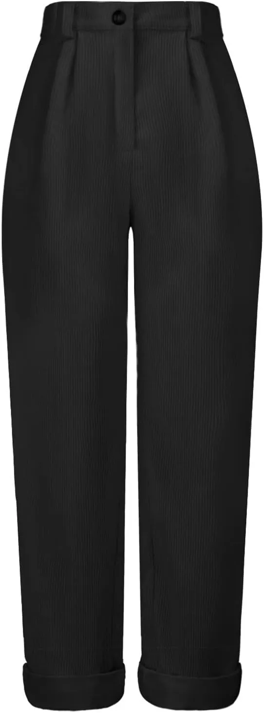 YOLAI Womens Corduroy Straight Leg Pants Elegant Casual High Waist Trousers Business Work Trousers with Pockets