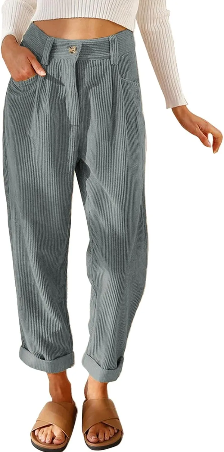 YOLAI Womens Corduroy Straight Leg Pants Elegant Casual High Waist Trousers Business Work Trousers with Pockets