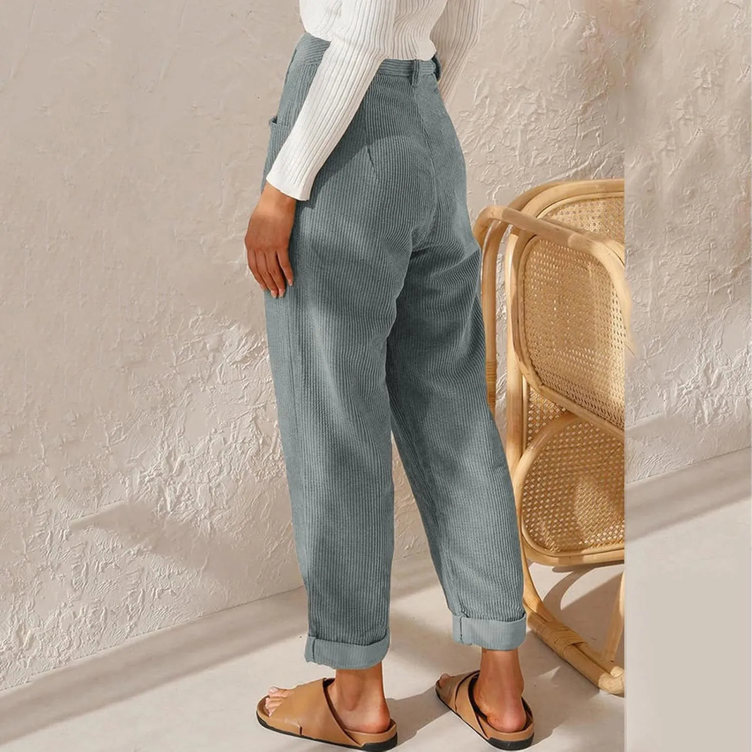 YOLAI Womens Corduroy Straight Leg Pants Elegant Casual High Waist Trousers Business Work Trousers with Pockets