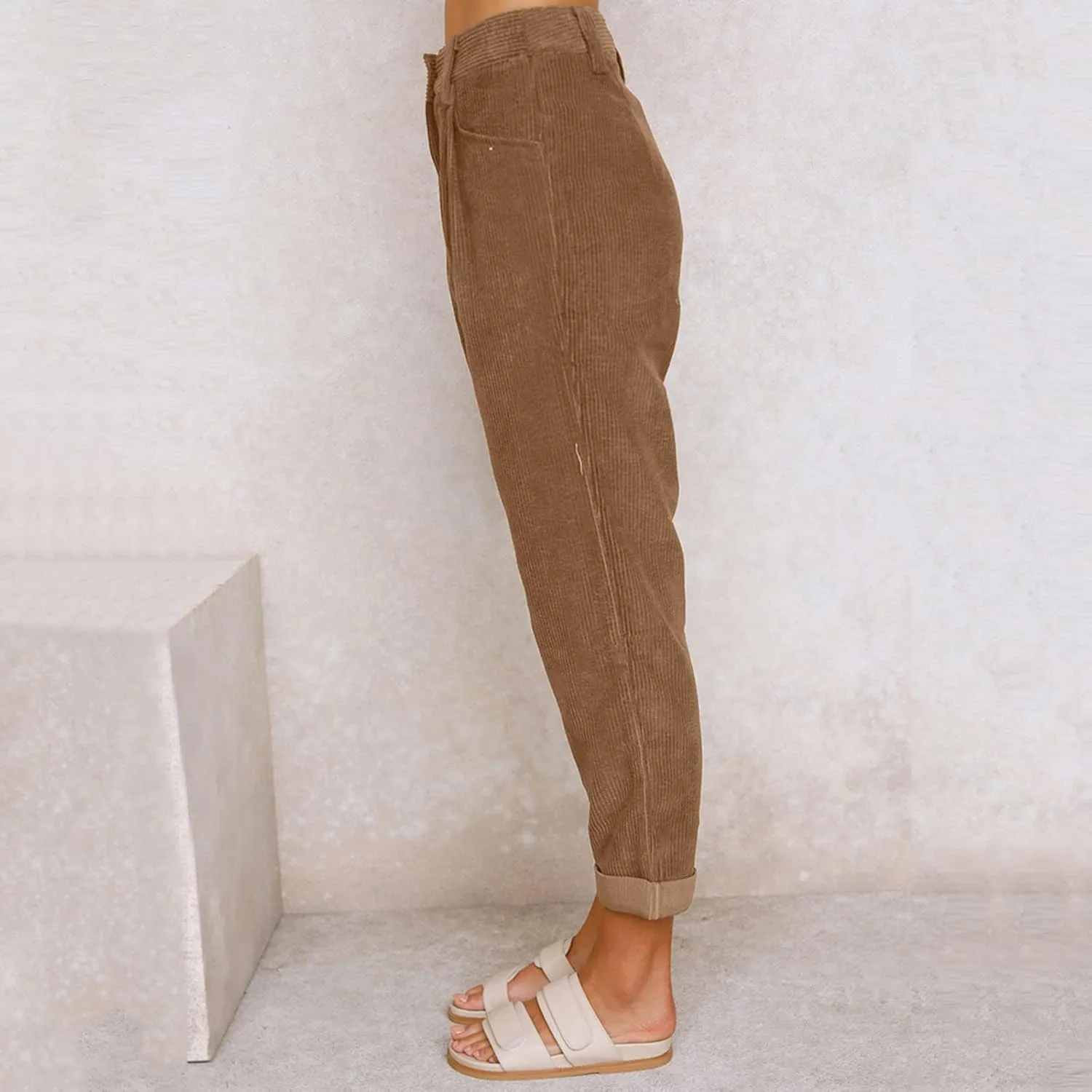 YOLAI Womens Corduroy Straight Leg Pants Elegant Casual High Waist Trousers Business Work Trousers with Pockets