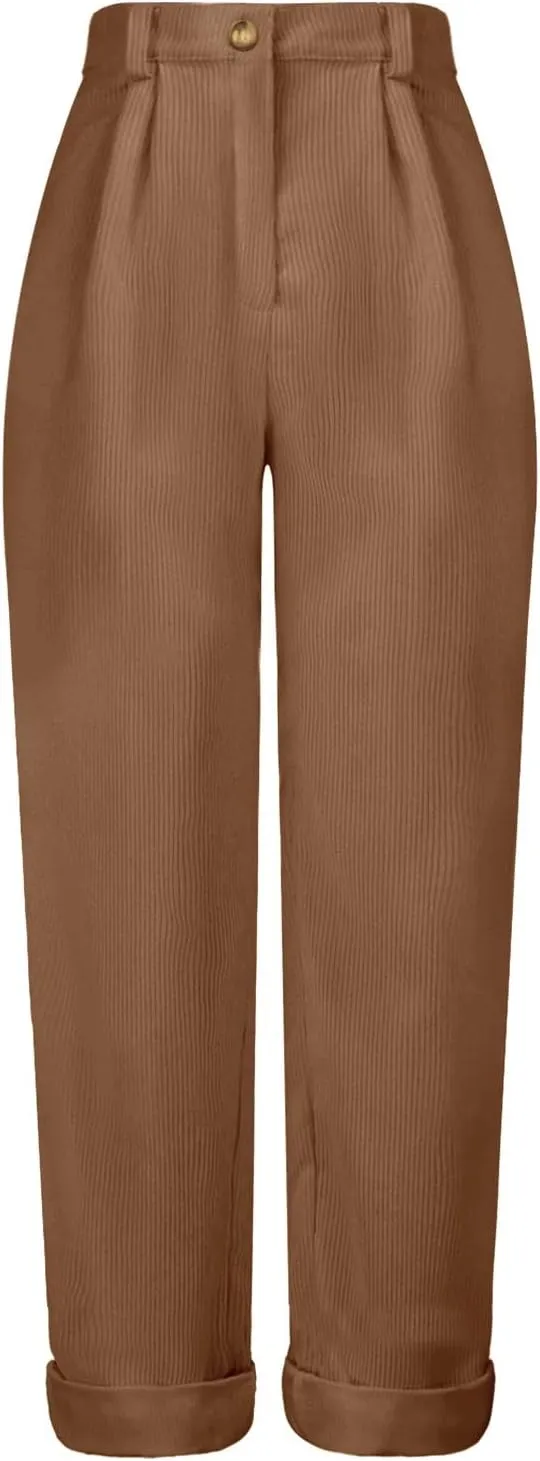 YOLAI Womens Corduroy Straight Leg Pants Elegant Casual High Waist Trousers Business Work Trousers with Pockets