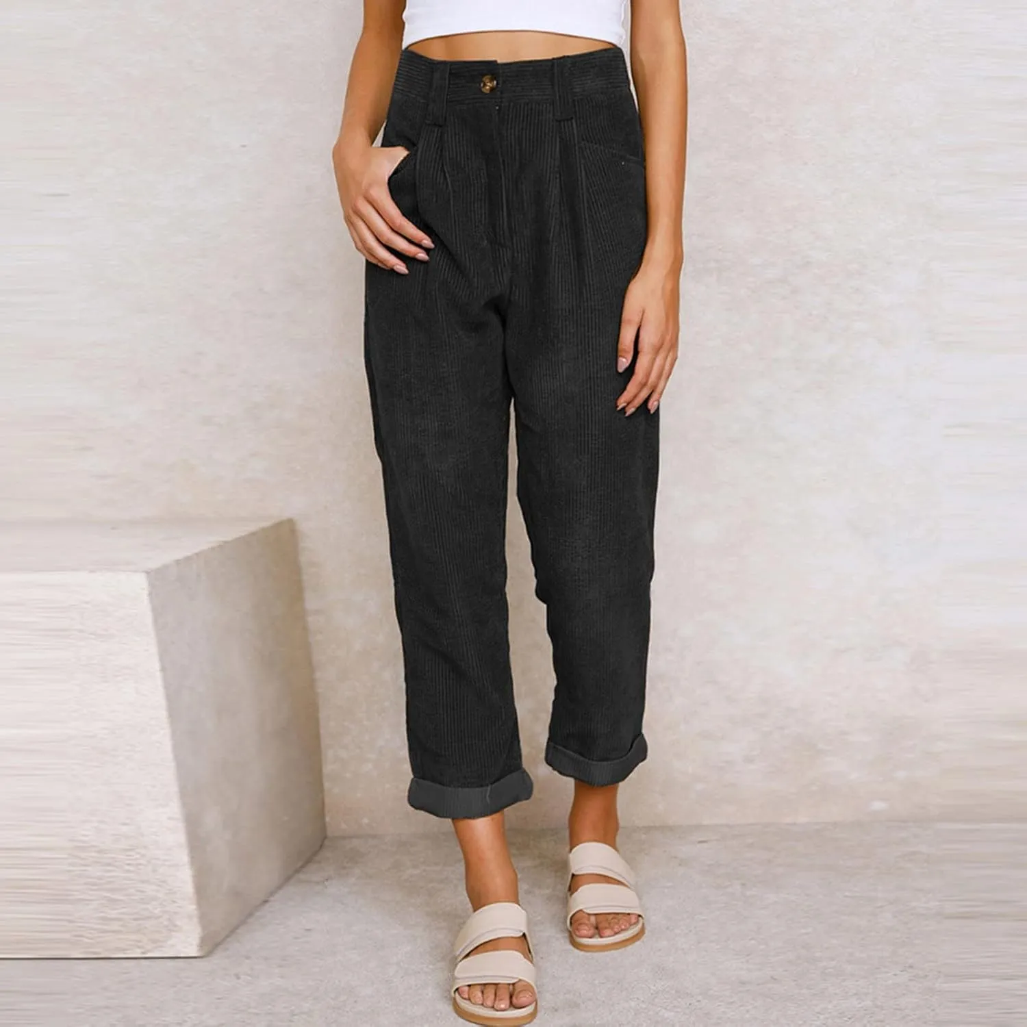 YOLAI Womens Corduroy Straight Leg Pants Elegant Casual High Waist Trousers Business Work Trousers with Pockets