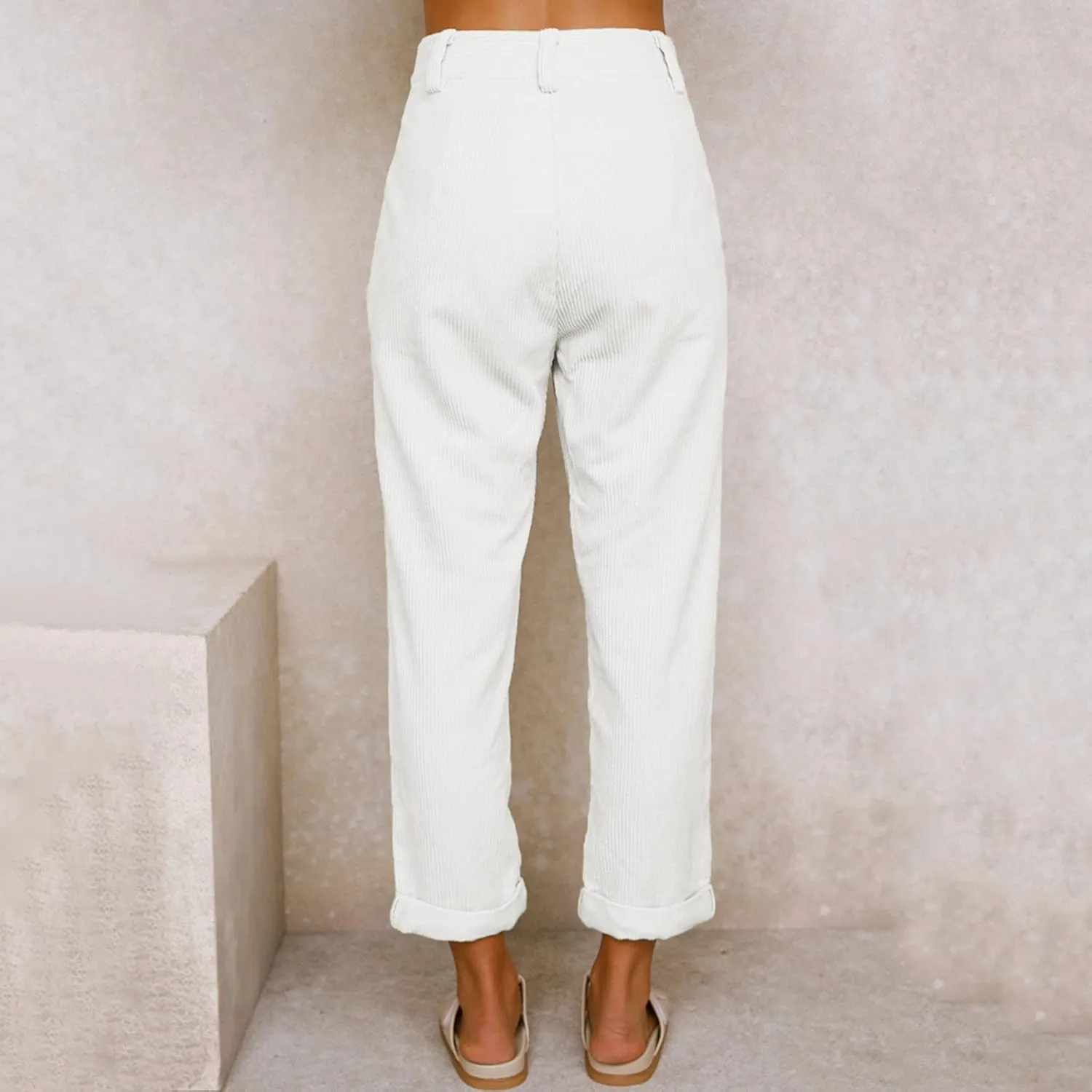 YOLAI Womens Corduroy Straight Leg Pants Elegant Casual High Waist Trousers Business Work Trousers with Pockets