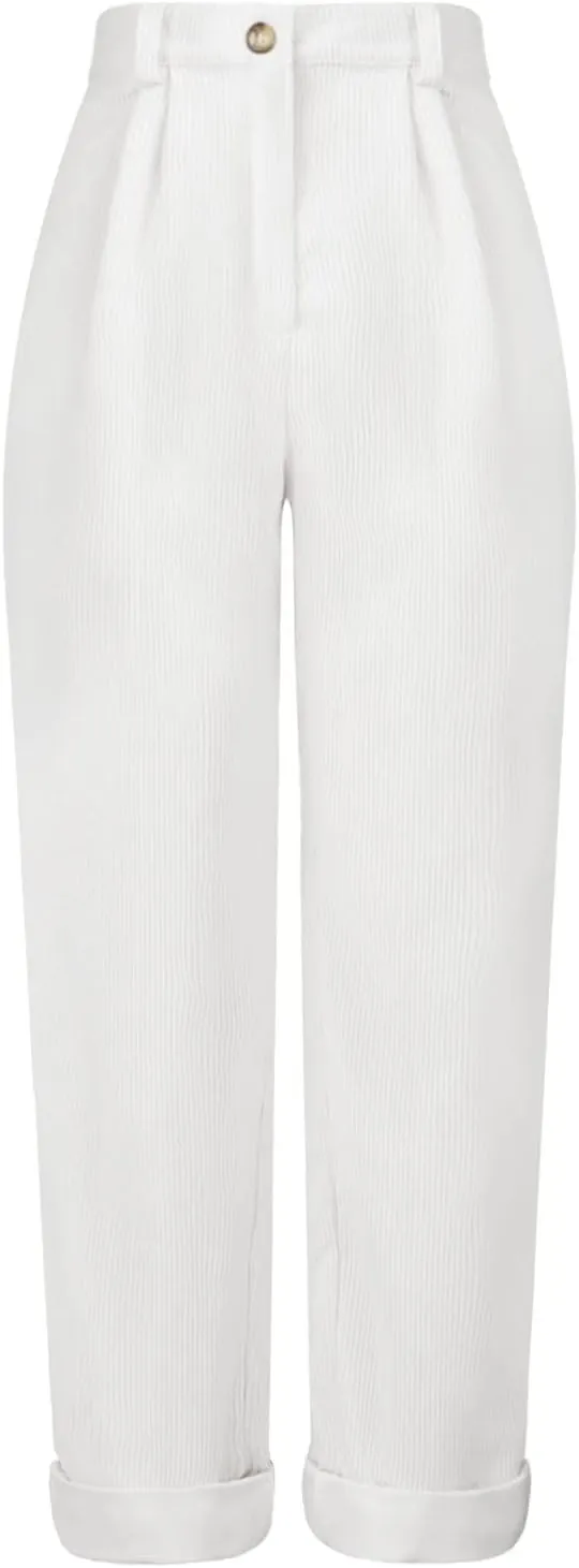 YOLAI Womens Corduroy Straight Leg Pants Elegant Casual High Waist Trousers Business Work Trousers with Pockets