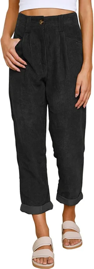 YOLAI Womens Corduroy Straight Leg Pants Elegant Casual High Waist Trousers Business Work Trousers with Pockets